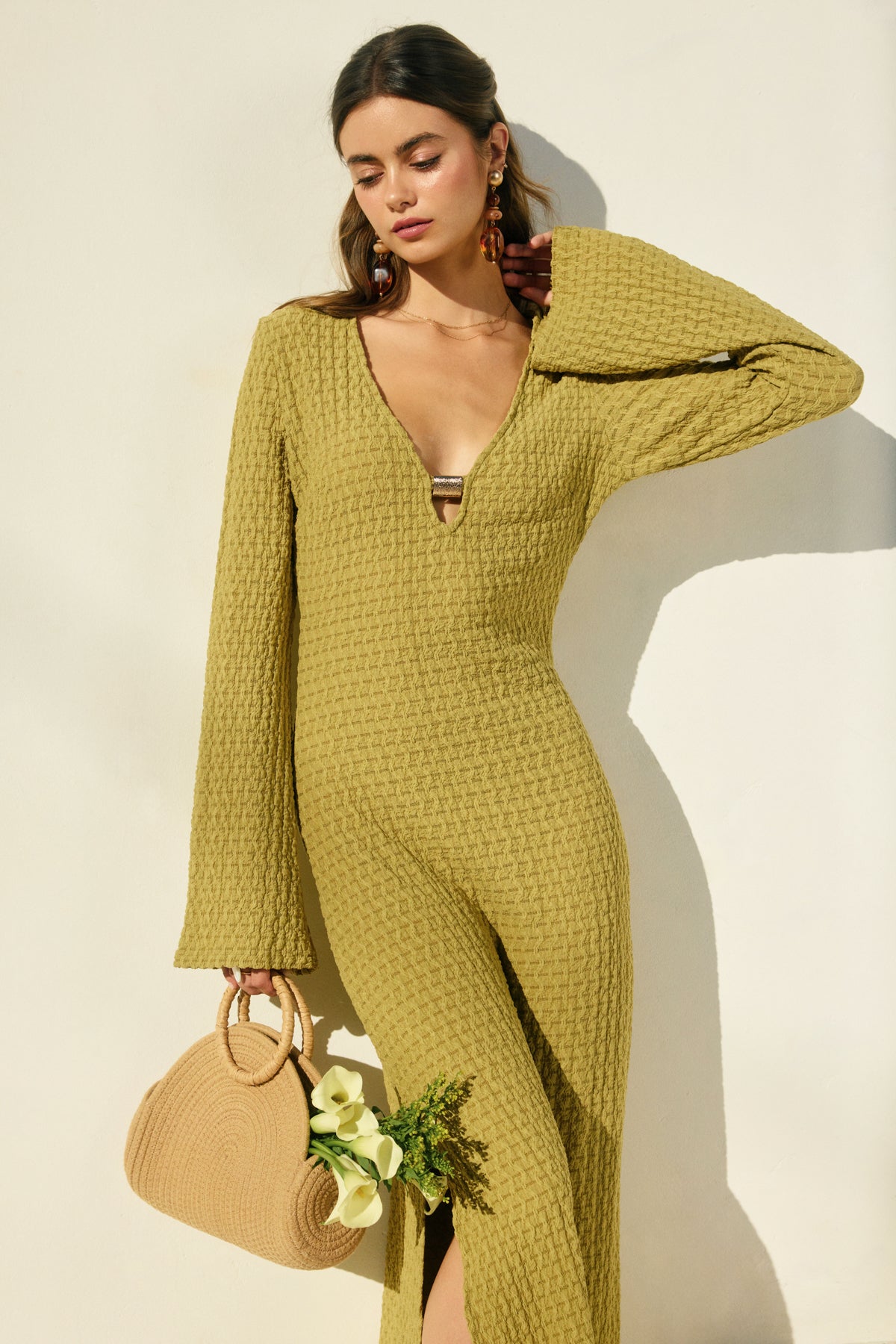 Dress FORUM - Gold Trim Textured Bell Sleeve Maxi Dress