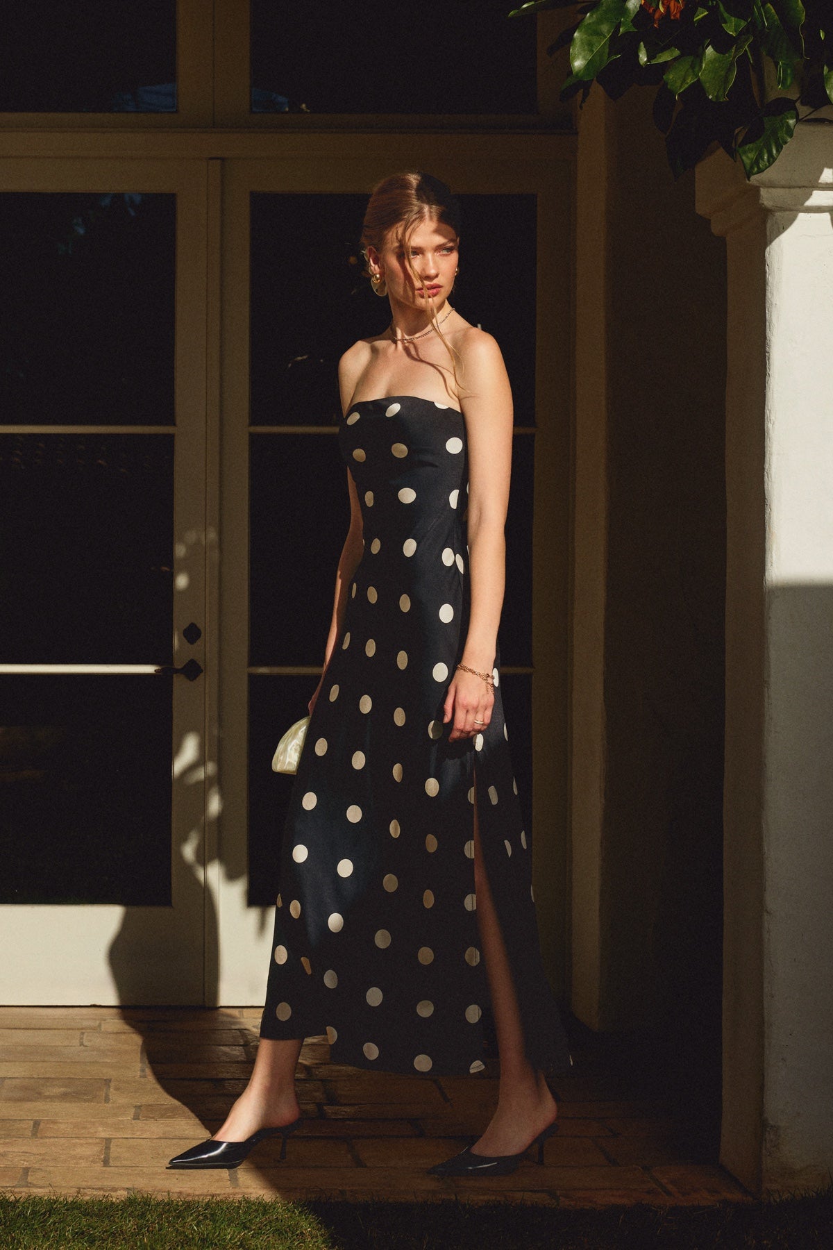black strapless polka dot dress Forum - Satin Maxi Dress Color:Black Leather The fitted ribbed knit style:Rompers Alyce Paris 61866 -