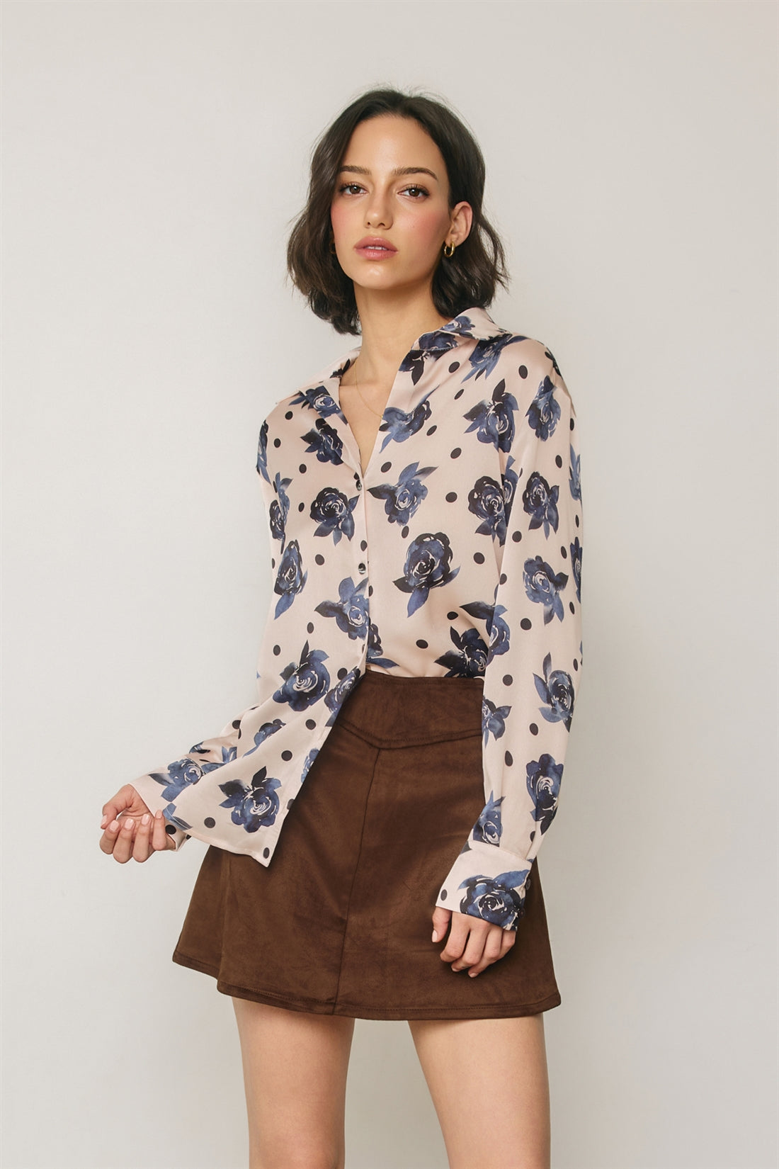 Dress Forum - Polka Dot &amp; Floral Satin Button Down Blouse