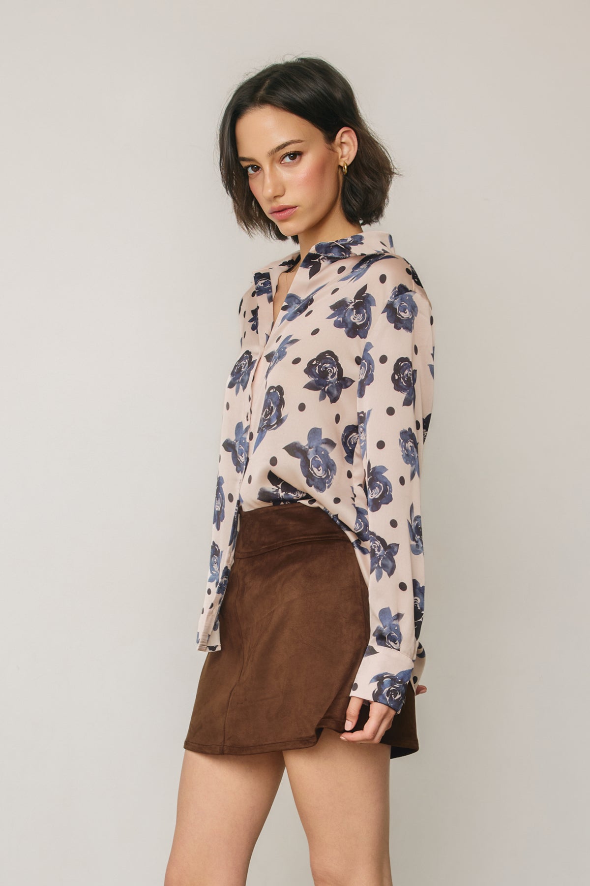 Dress Forum - Polka Dot &amp; Floral Satin Button Down Blouse