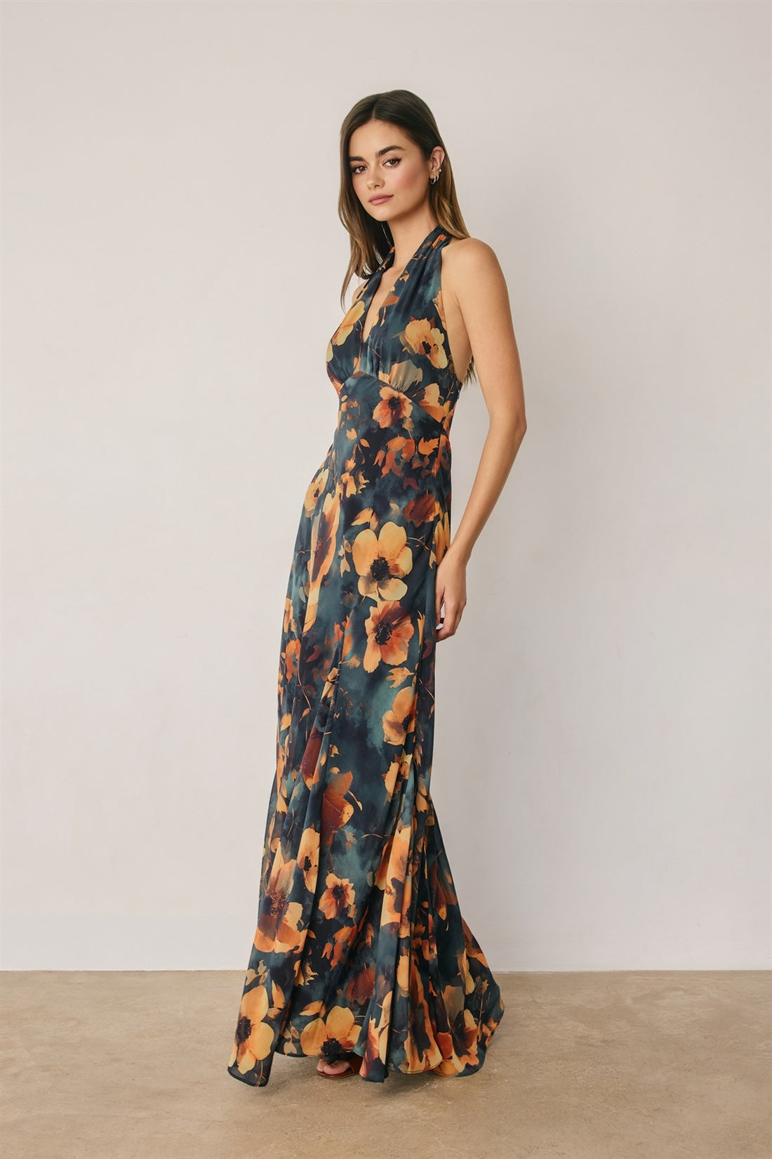 Dress Forum - Floral Chiffon Halter Godet Maxi Dress