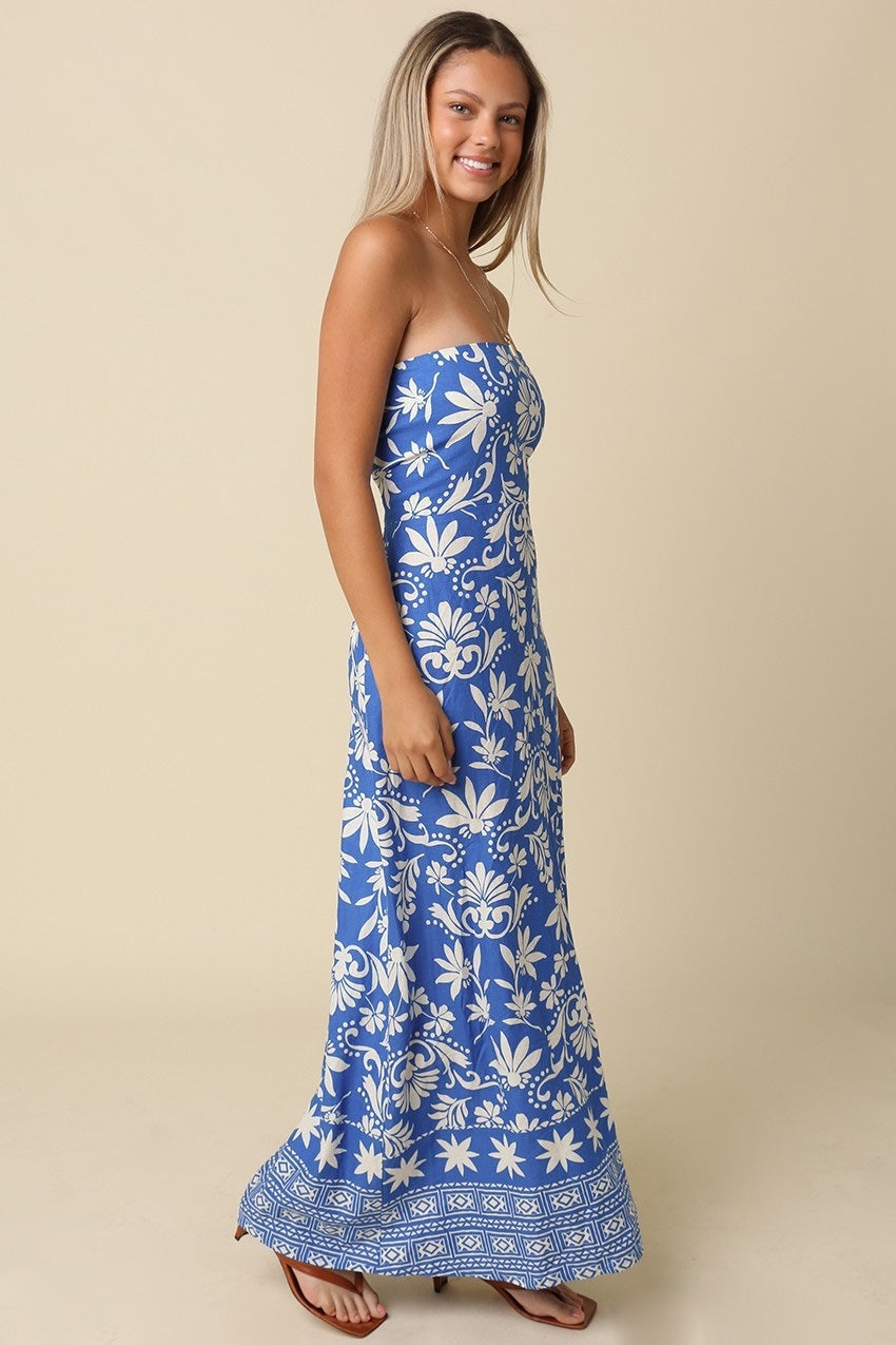 OLIVACEOUS - Caden Tropical Strapless Maxi Dress