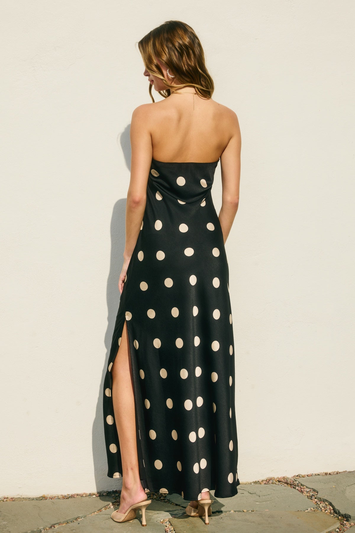 Dress Forum - Polka Dot Satin Strapless Maxi Dress
