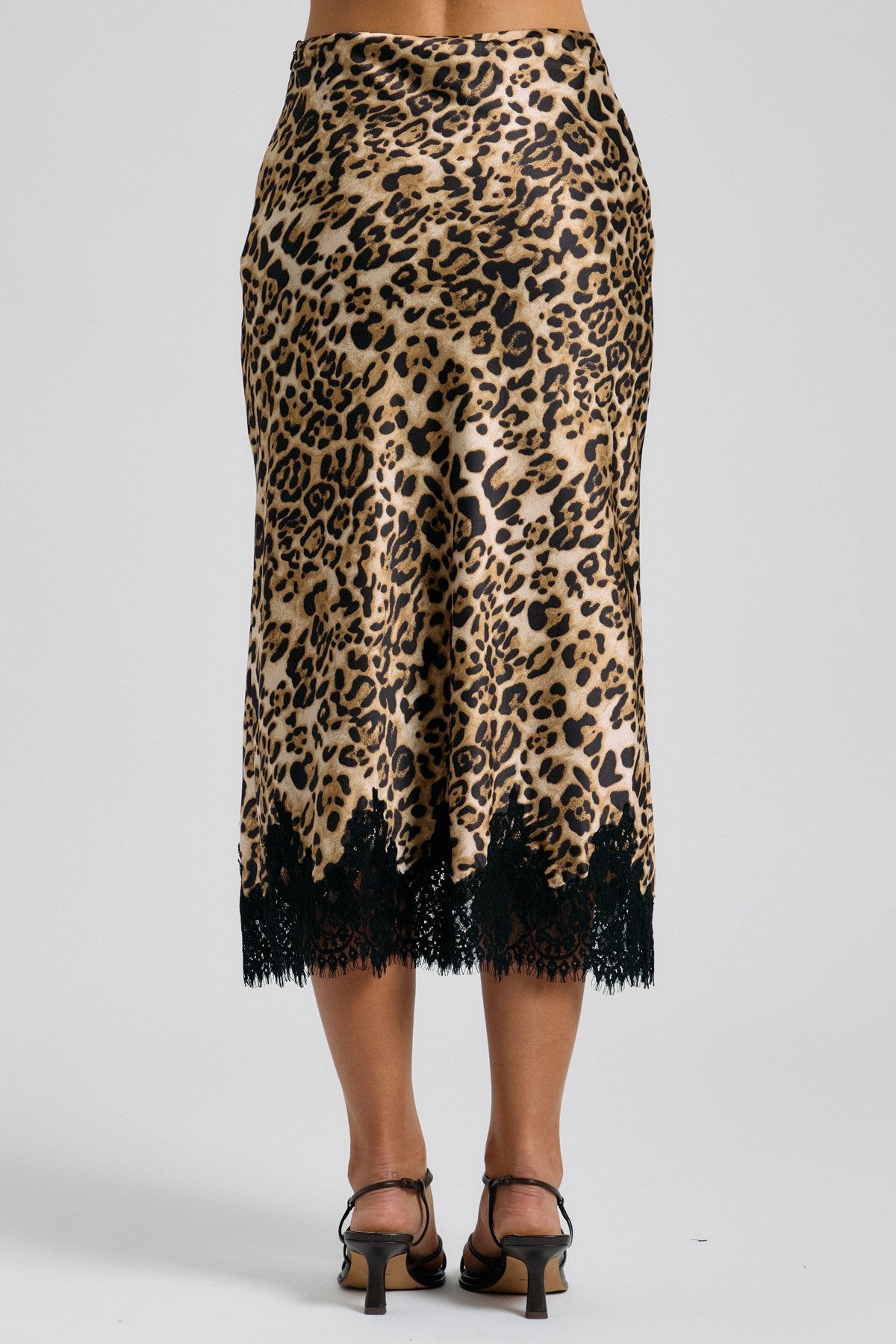 AAKAA - Leopard Bias Midi Skirt With Eyelash Lace Hem