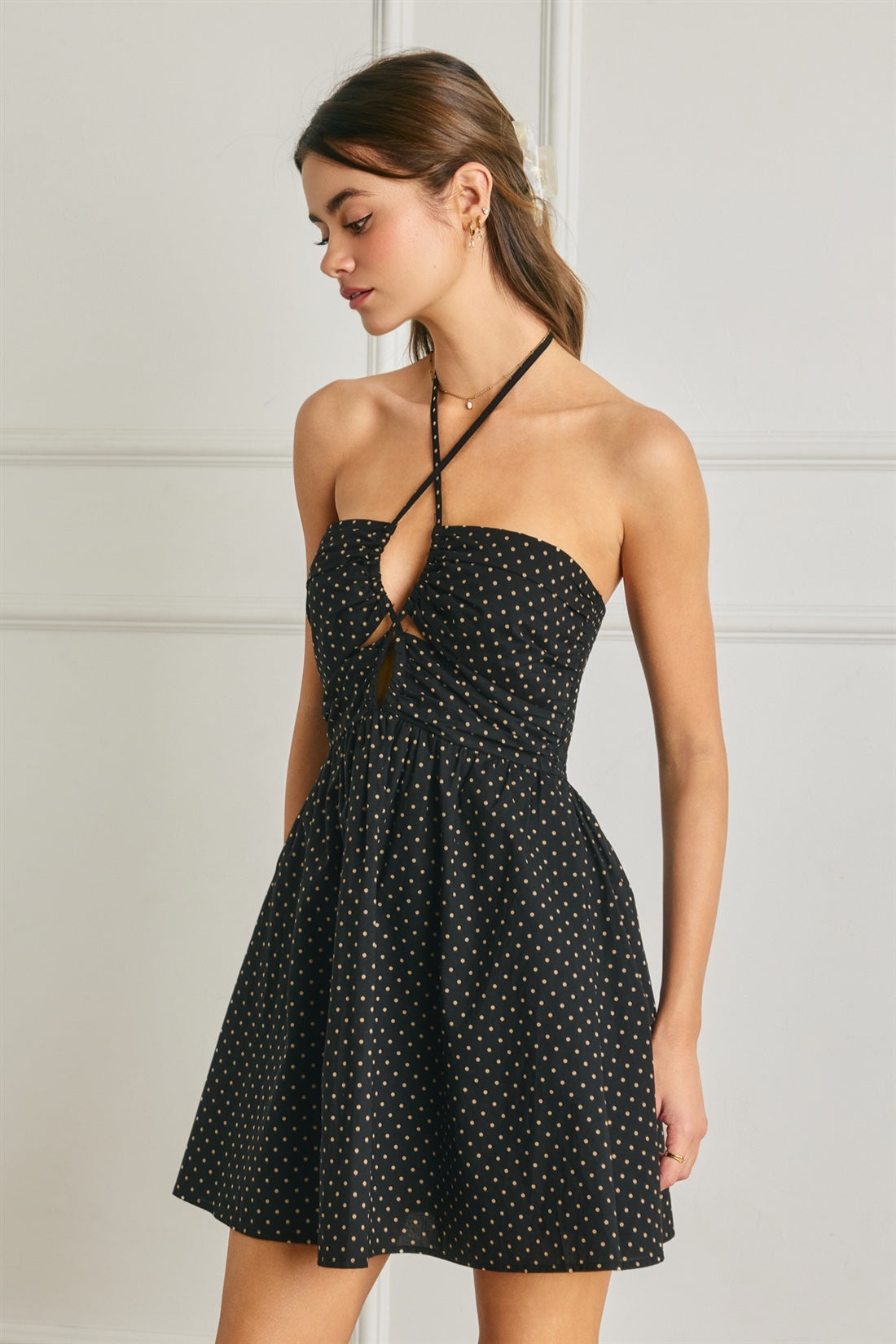Dress Forum - Pin Dot Ruched Halter Mini Dress / Fit &amp; Flare Style