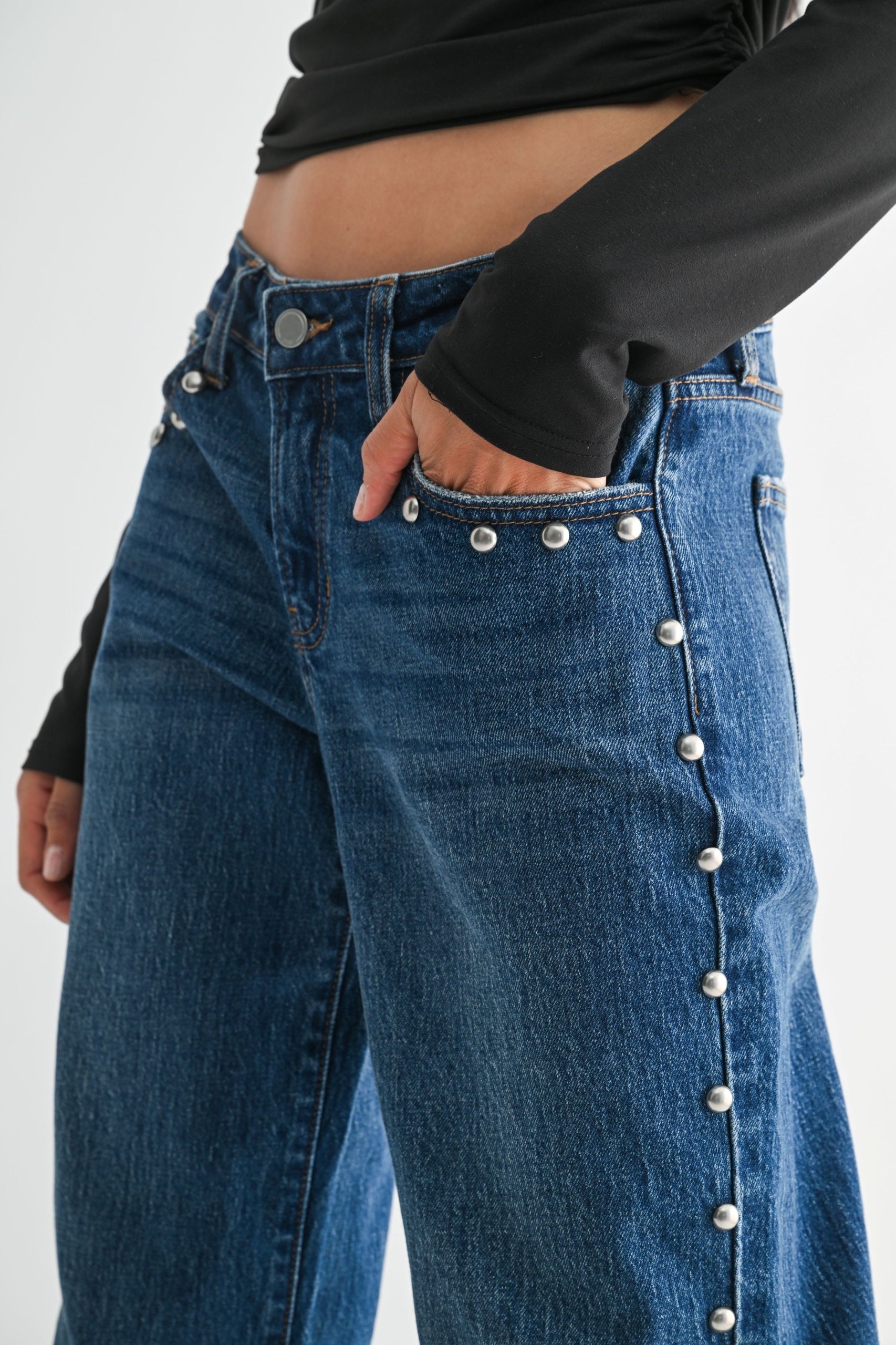 JUST BLACK DENIM - Low Rise Studded Baggy Jean