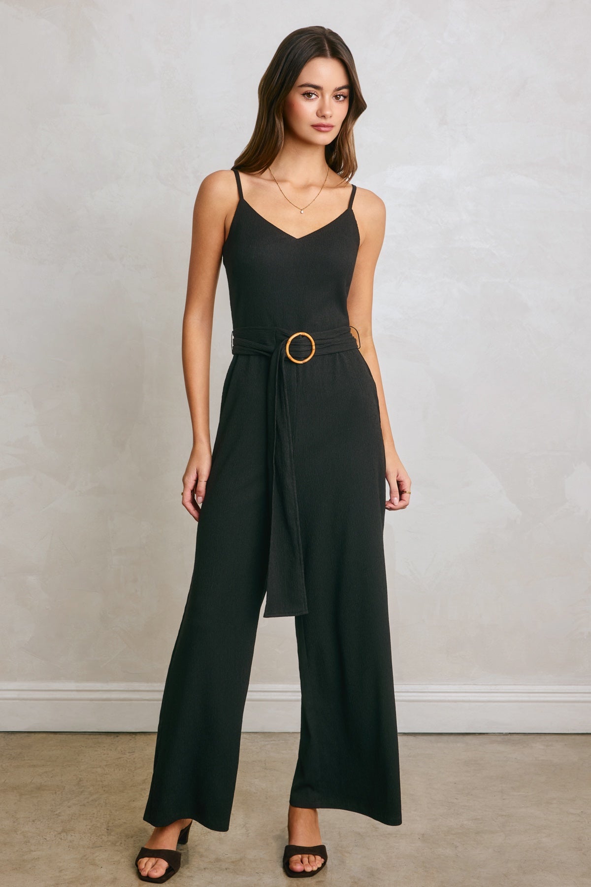 Dress Forum - Soft Stretch V Neck Bamboo Buckle Jumpsuit