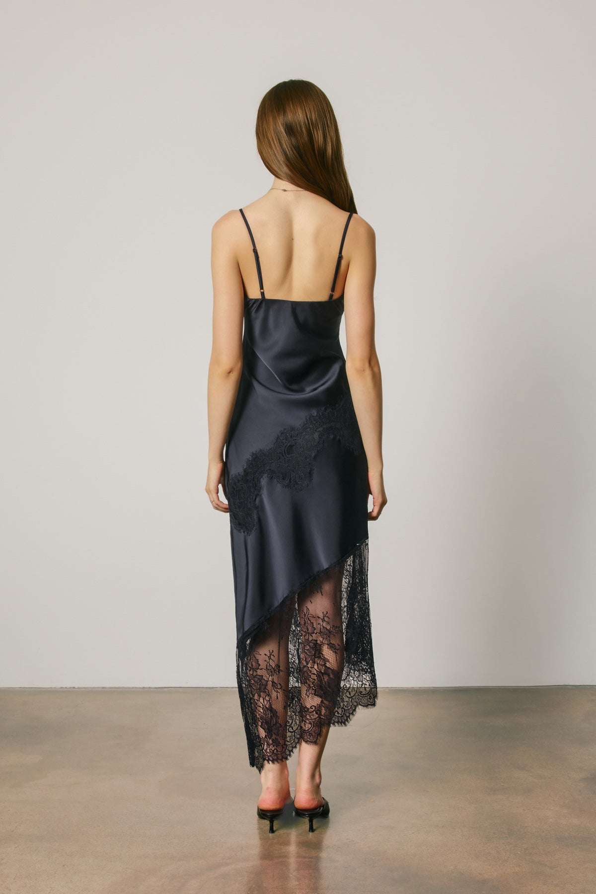 DRESS FORUM - Asymmetrical Lace Trim Midi Slip Dress