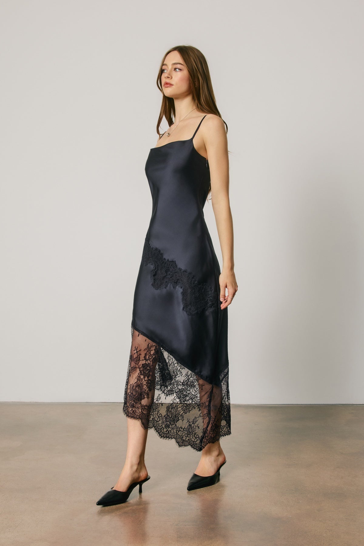 DRESS FORUM - Asymmetrical Lace Trim Midi Slip Dress