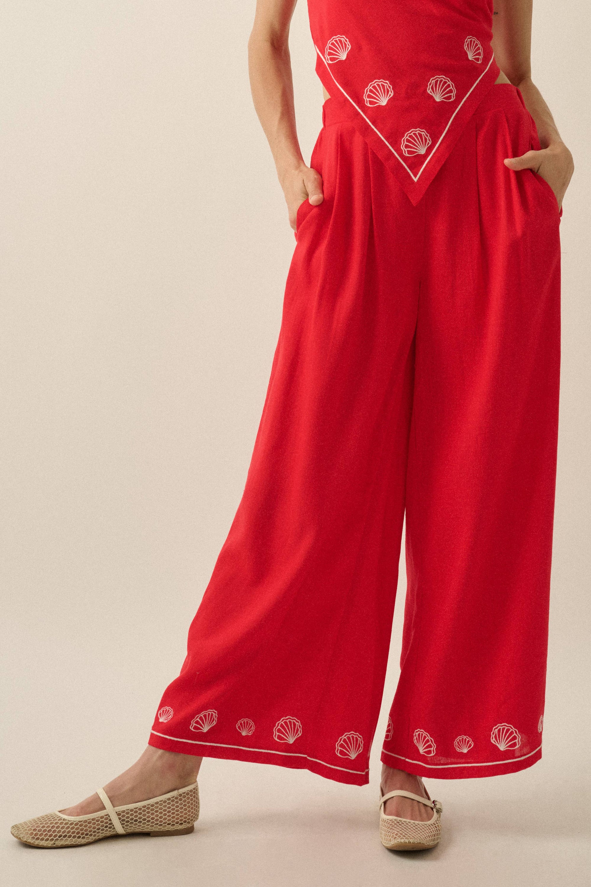 Promesa USA -For Shore Shell-Embroidered Wide-Leg Pocket Pants