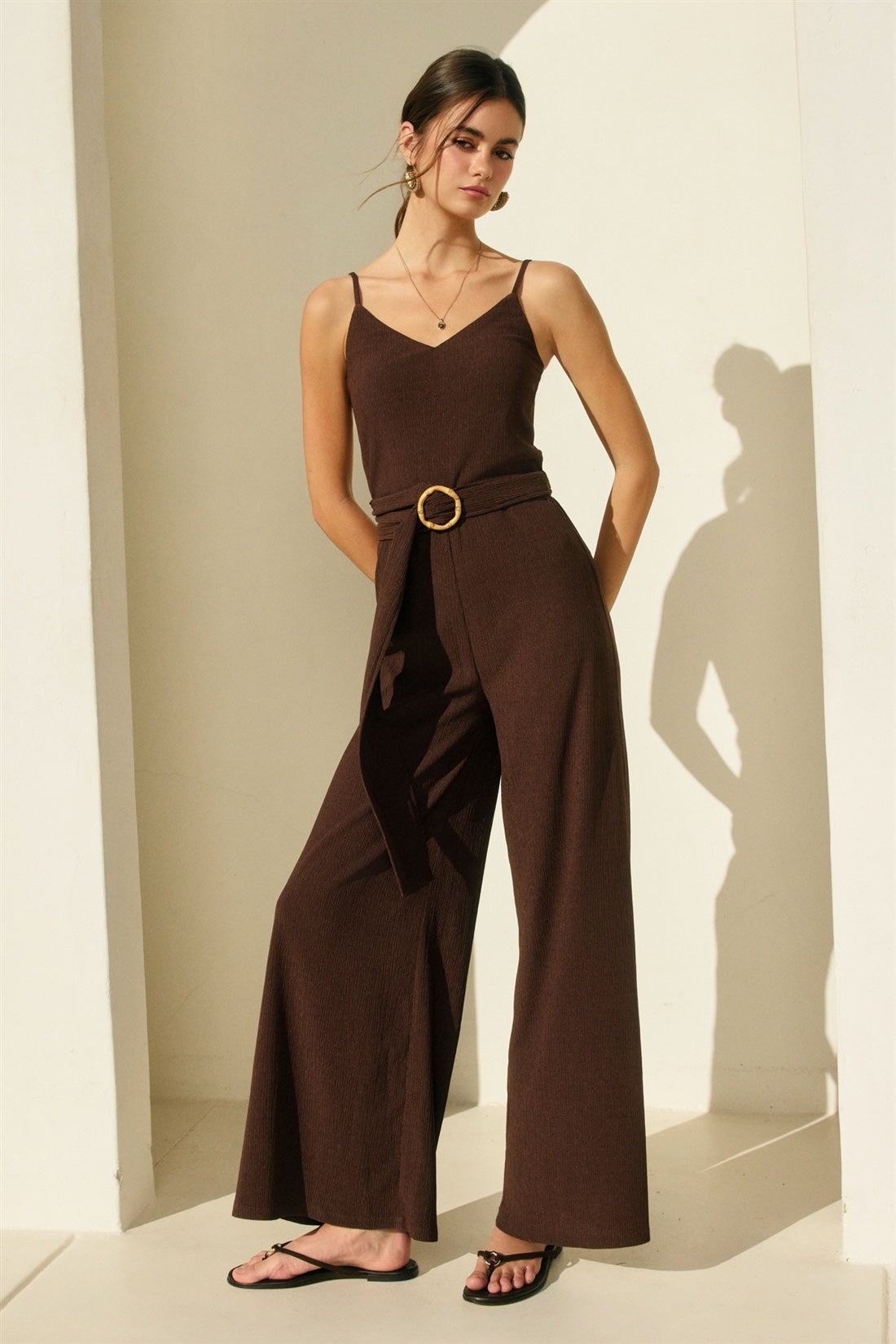 Dress Forum - Soft Stretch V Neck Bamboo Buckle Jumpsuit In Brown