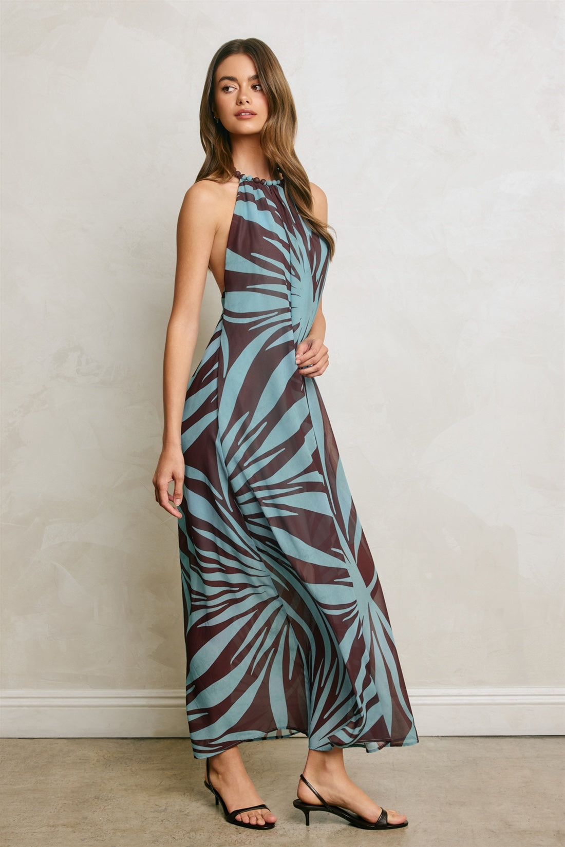 Dress Forum - Tropical Leaf Beaded Halter Fluid Dress