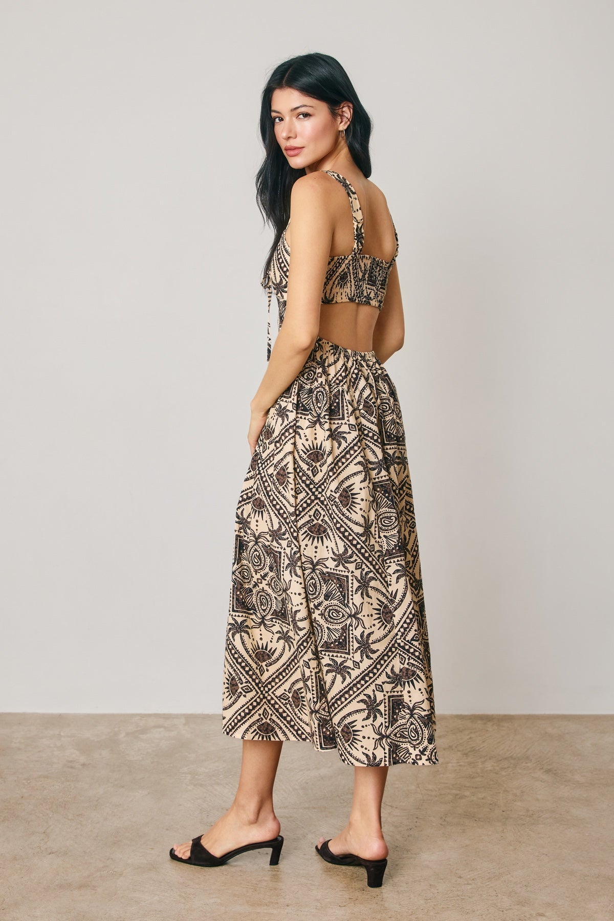 Dress Forum - Maui Sands Paisley Scarf Ruched Cutout Midi Dress