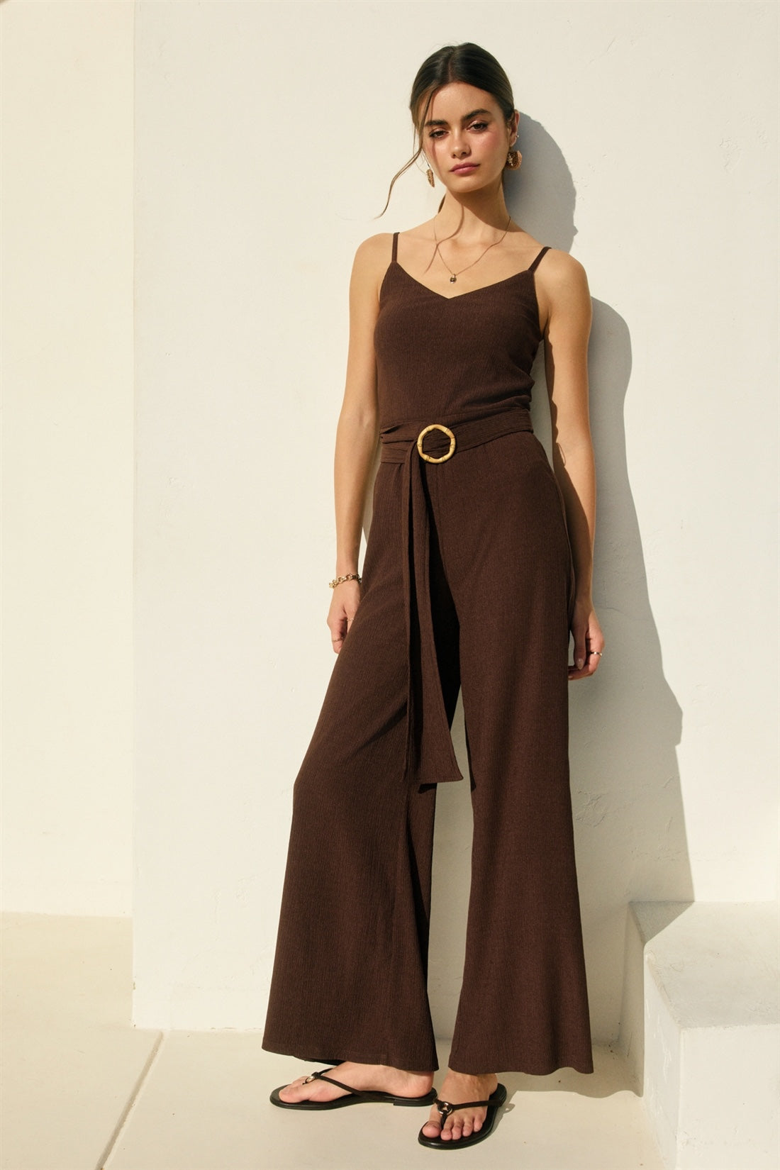 Dress Forum - Soft Stretch V Neck Bamboo Buckle Jumpsuit In Brown