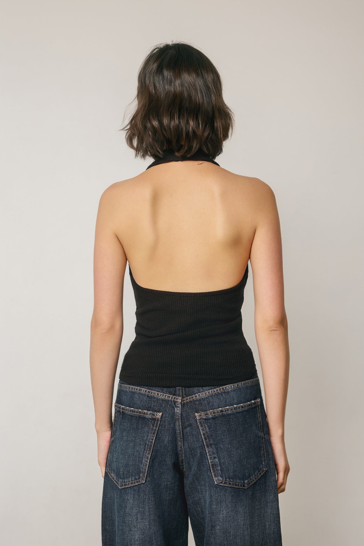 DRESS FORUM - Plunging Gold Trim Halter Top in Black