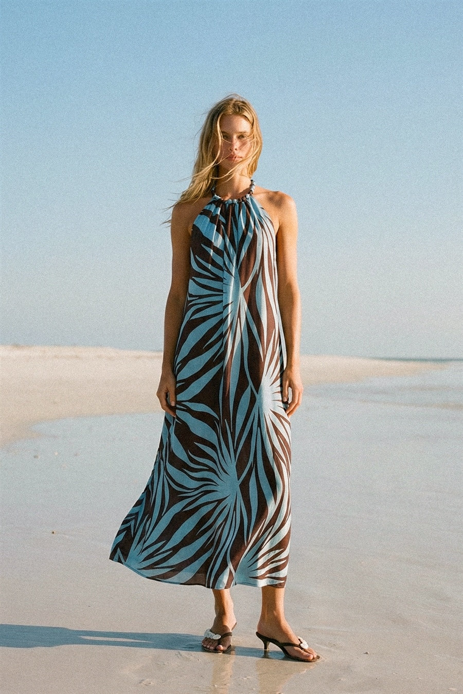 Dress Forum - Tropical Leaf Beaded Halter Fluid Dress
