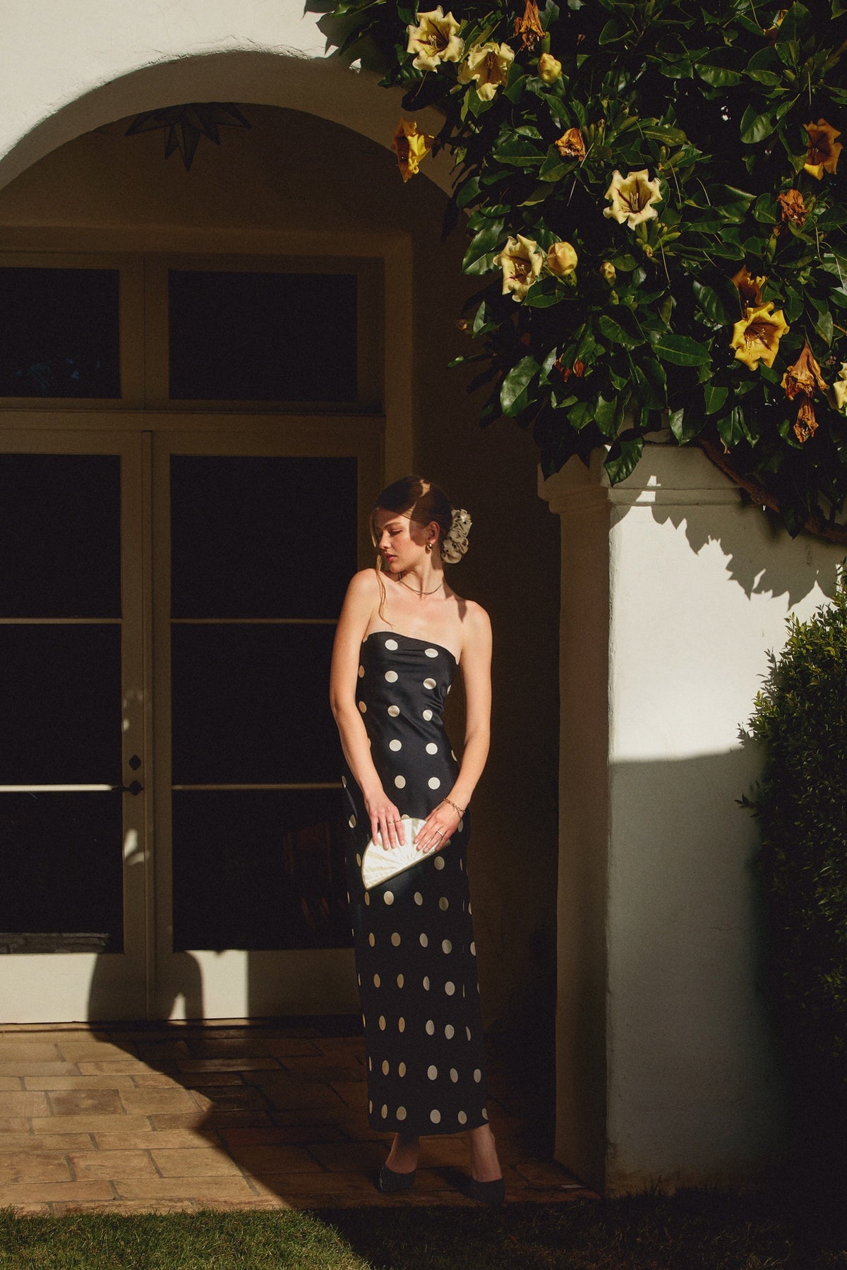 Dress Forum - Polka Dot Satin Strapless Maxi Dress