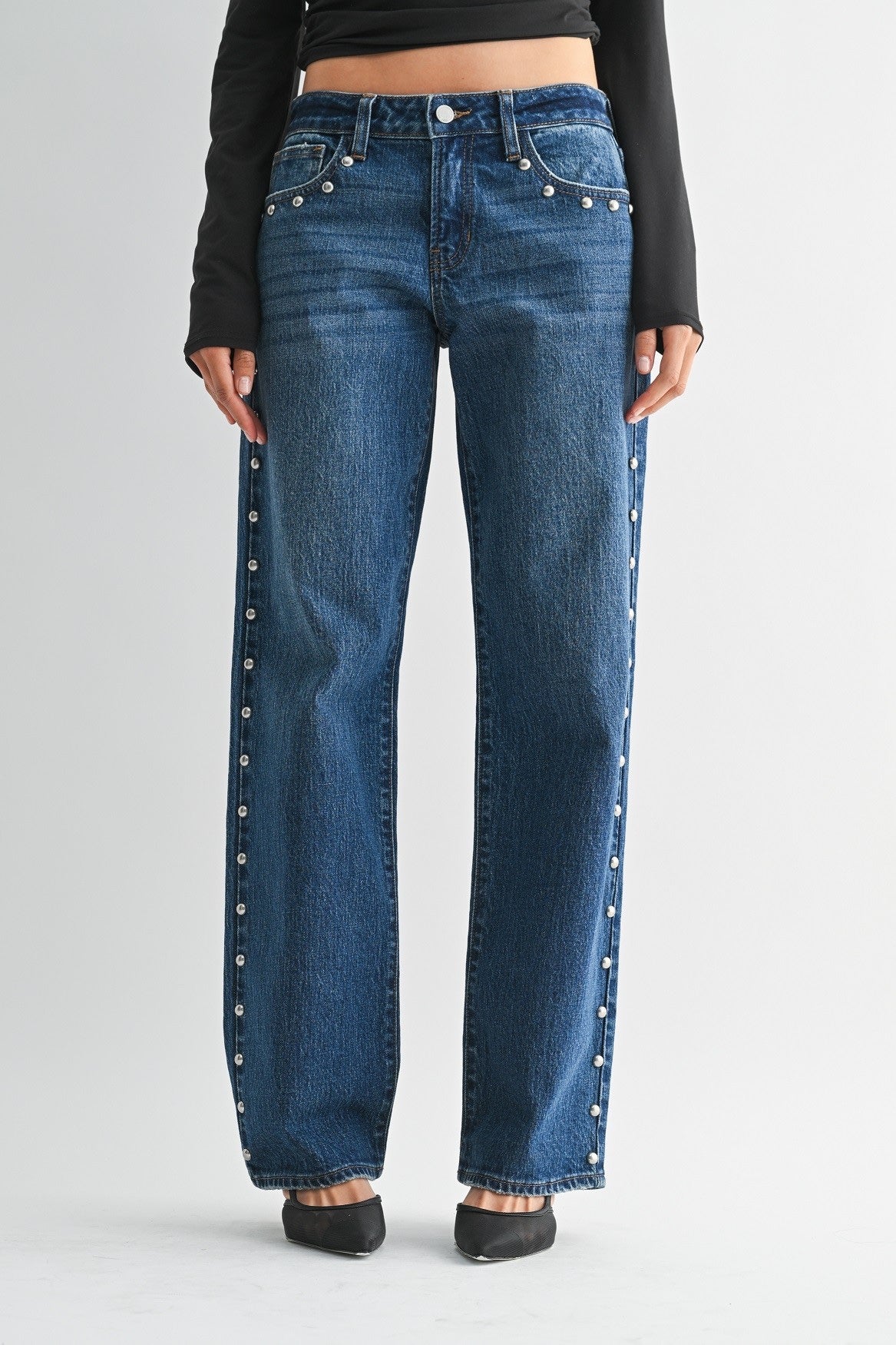 JUST BLACK DENIM - Low Rise Studded Baggy Jean