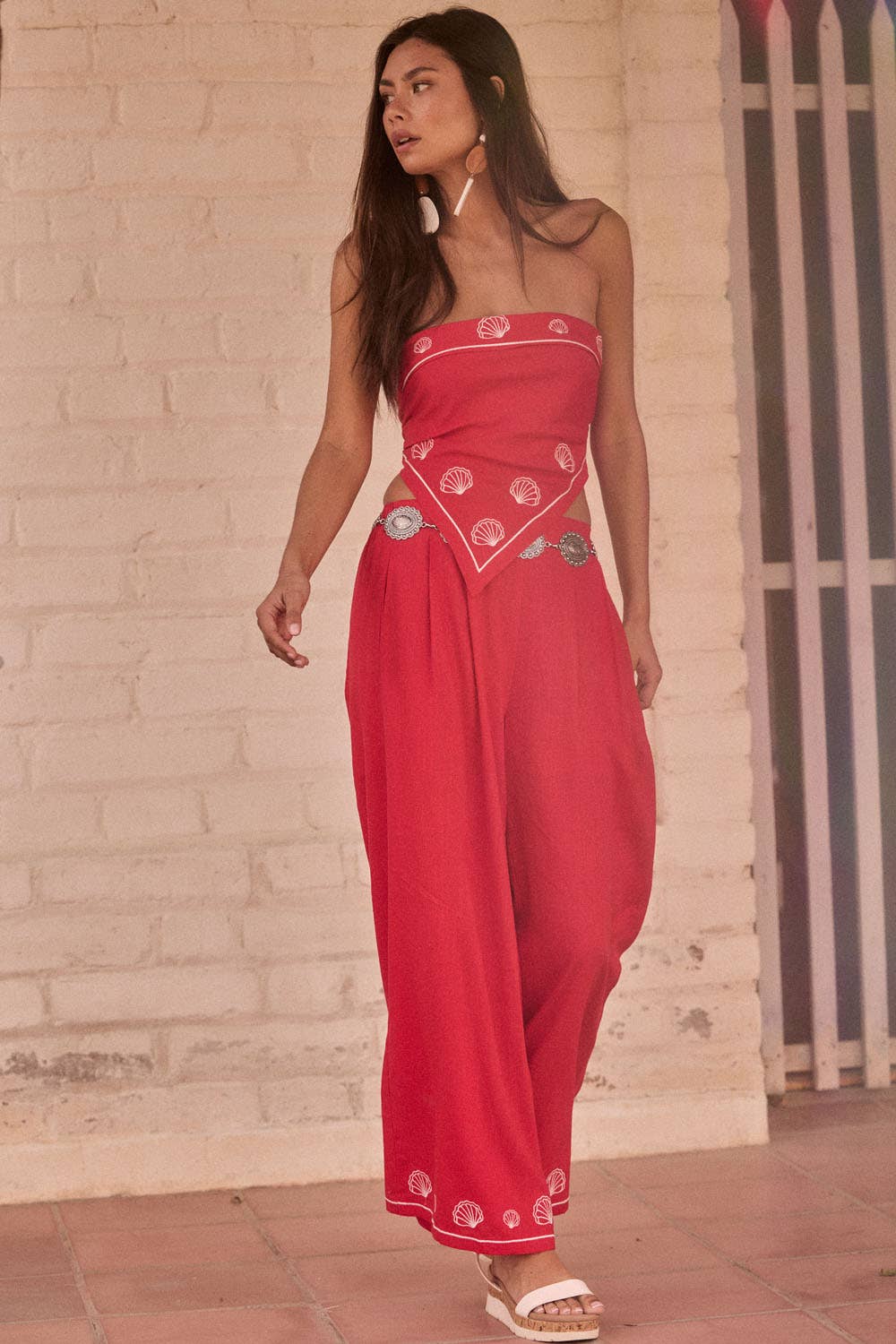 Promesa USA -For Shore Shell-Embroidered Wide-Leg Pocket Pants