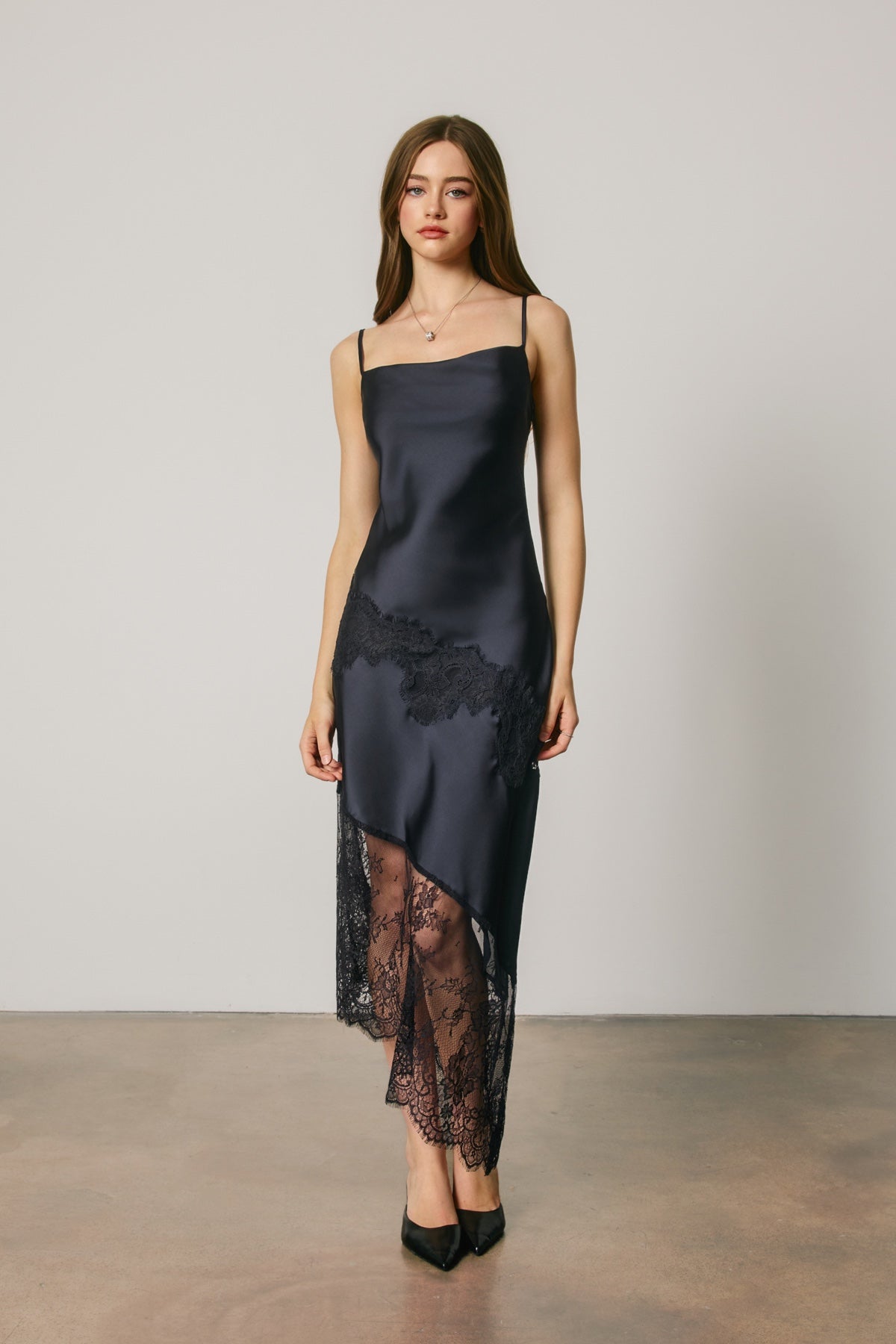 DRESS FORUM - Asymmetrical Lace Trim Midi Slip Dress