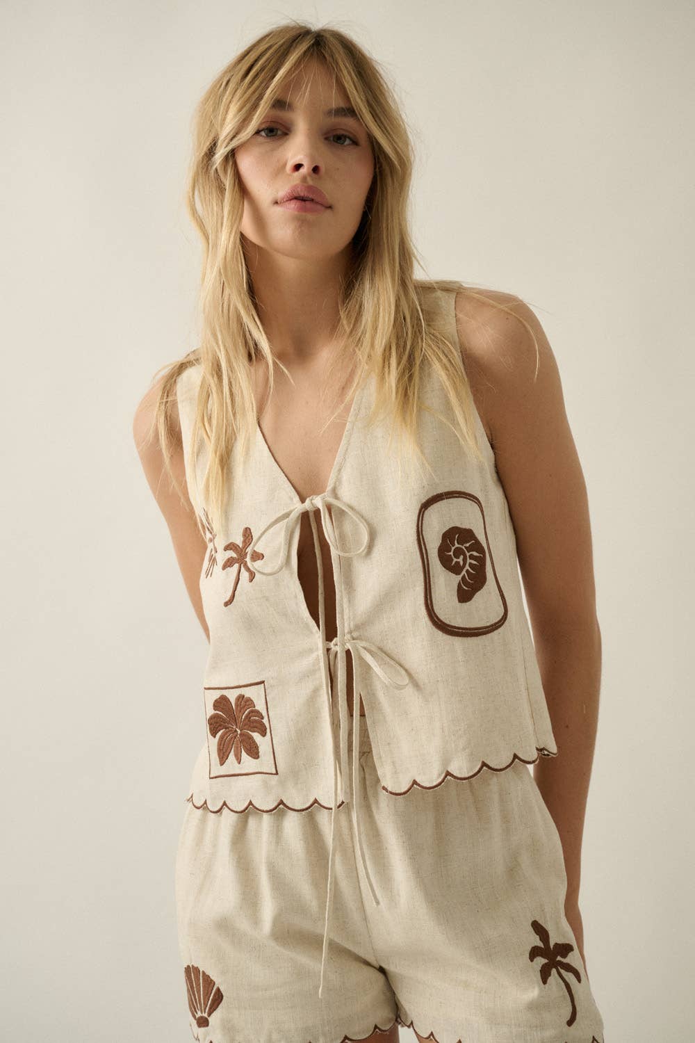 Promesa USA - Sunny Sands Tropical-Embroidered Tie-Front Vest