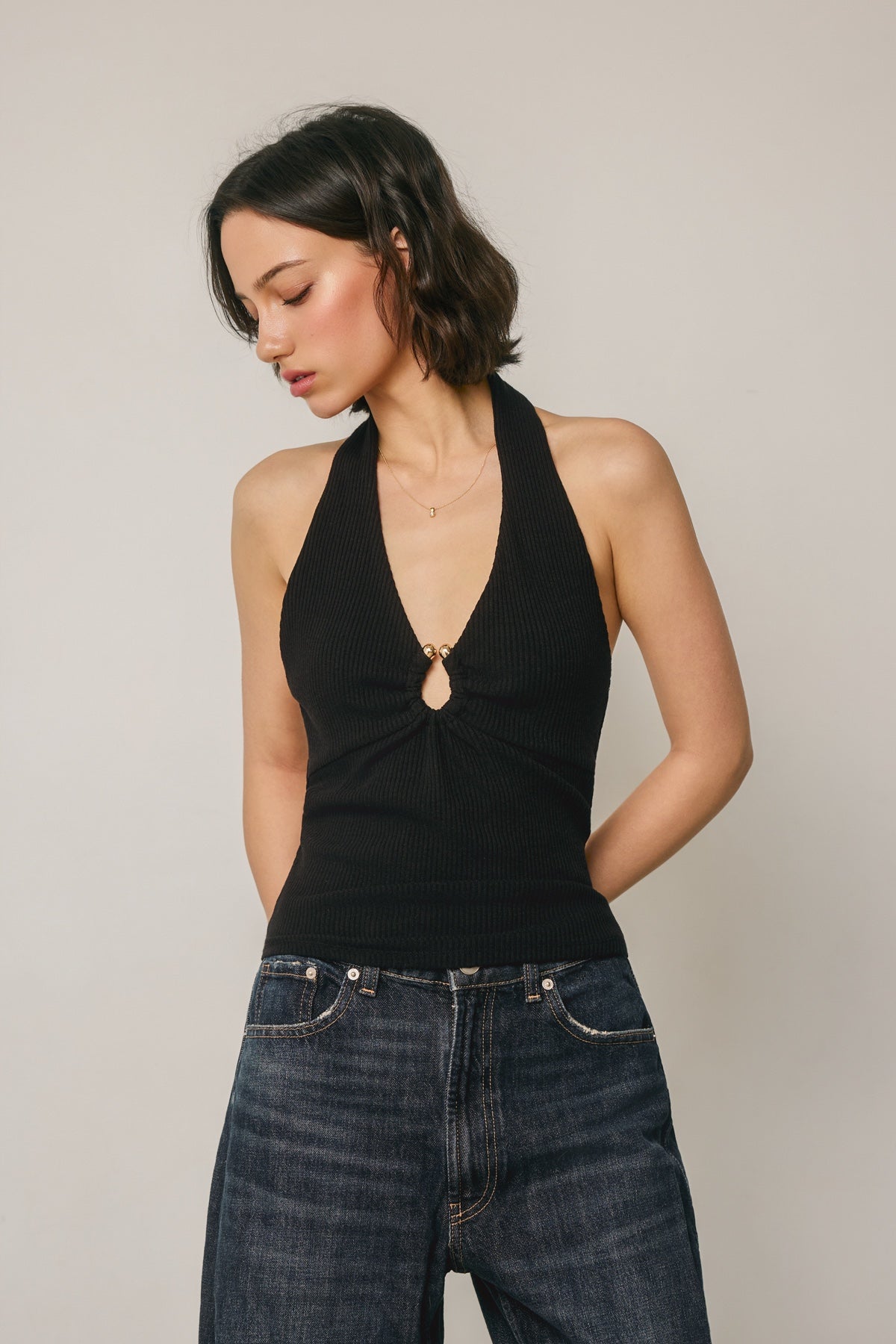 DRESS FORUM - Plunging Gold Trim Halter Top in Black