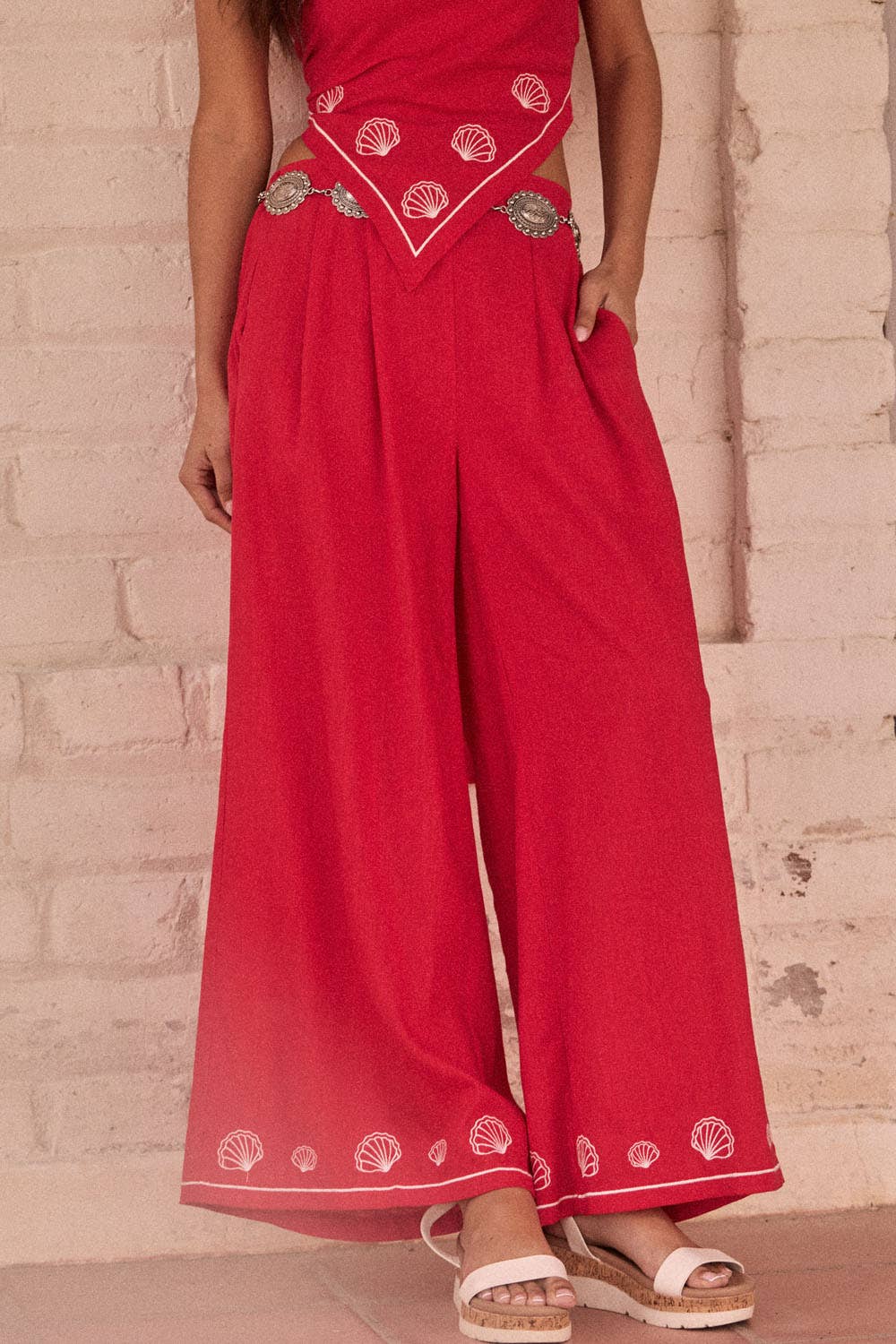 Promesa USA -For Shore Shell-Embroidered Wide-Leg Pocket Pants