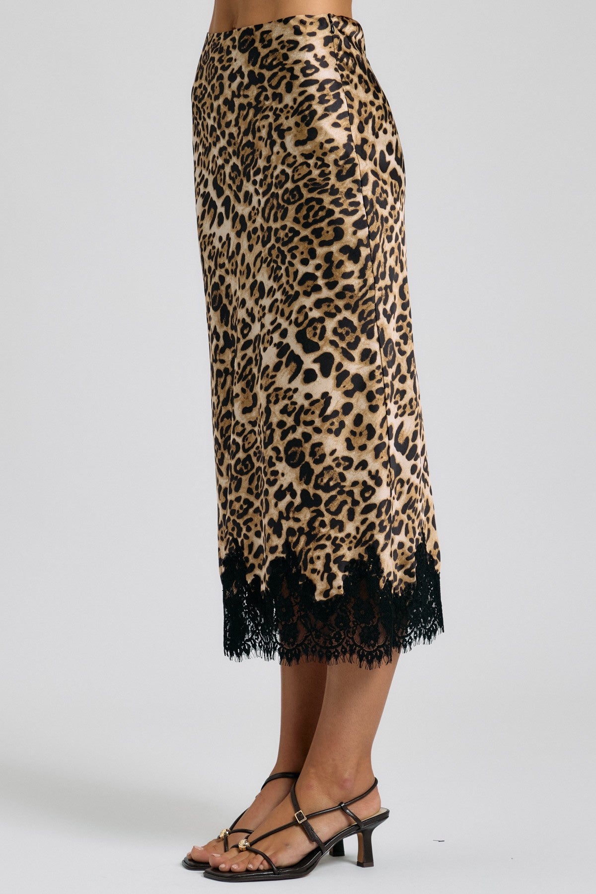 AAKAA - Leopard Bias Midi Skirt With Eyelash Lace Hem