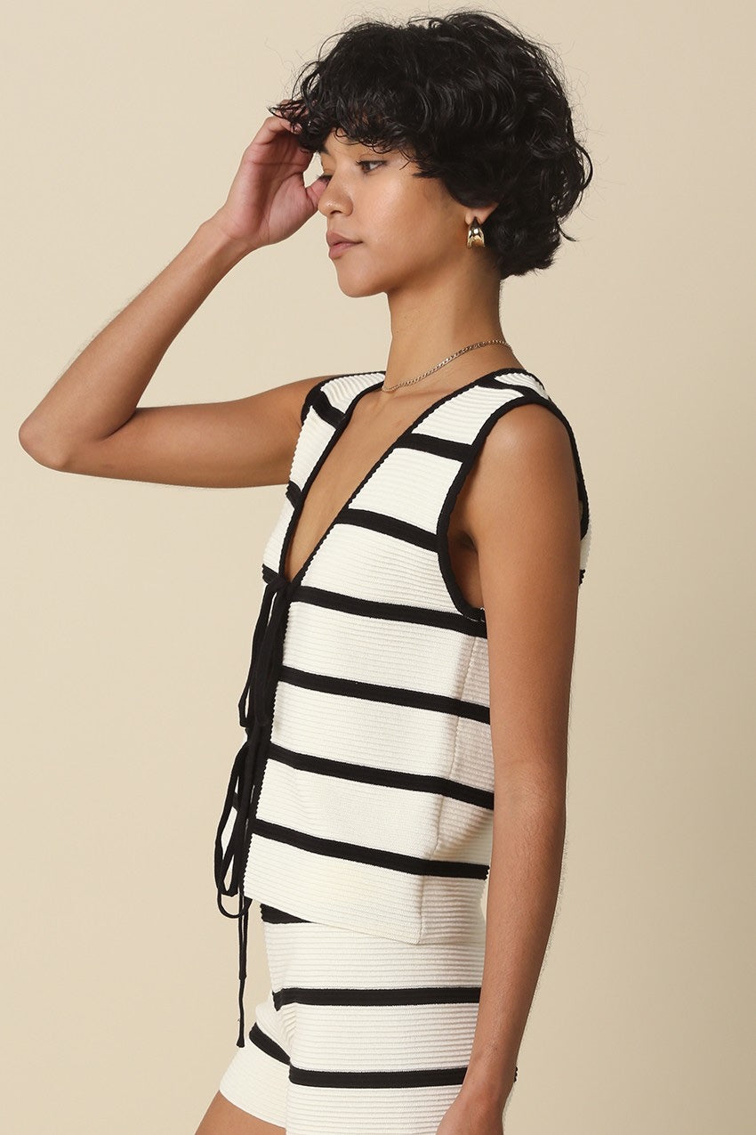 Olivaceous - Kelly Stripe Knit Tie-front Vest