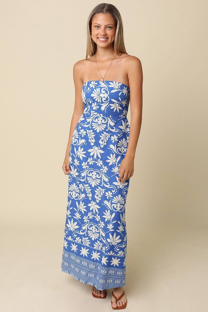 OLIVACEOUS - Caden Tropical Strapless Maxi Dress
