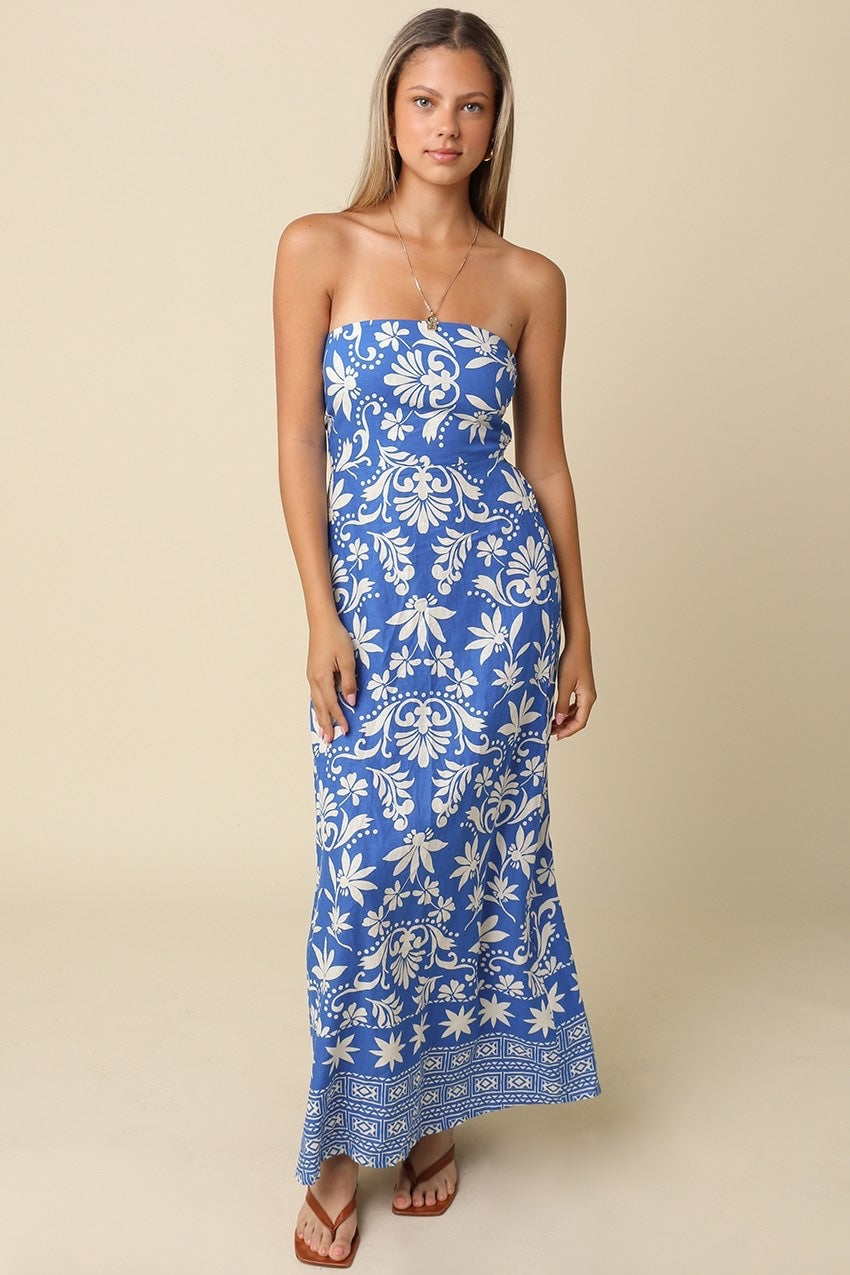 OLIVACEOUS - Caden Tropical Strapless Maxi Dress