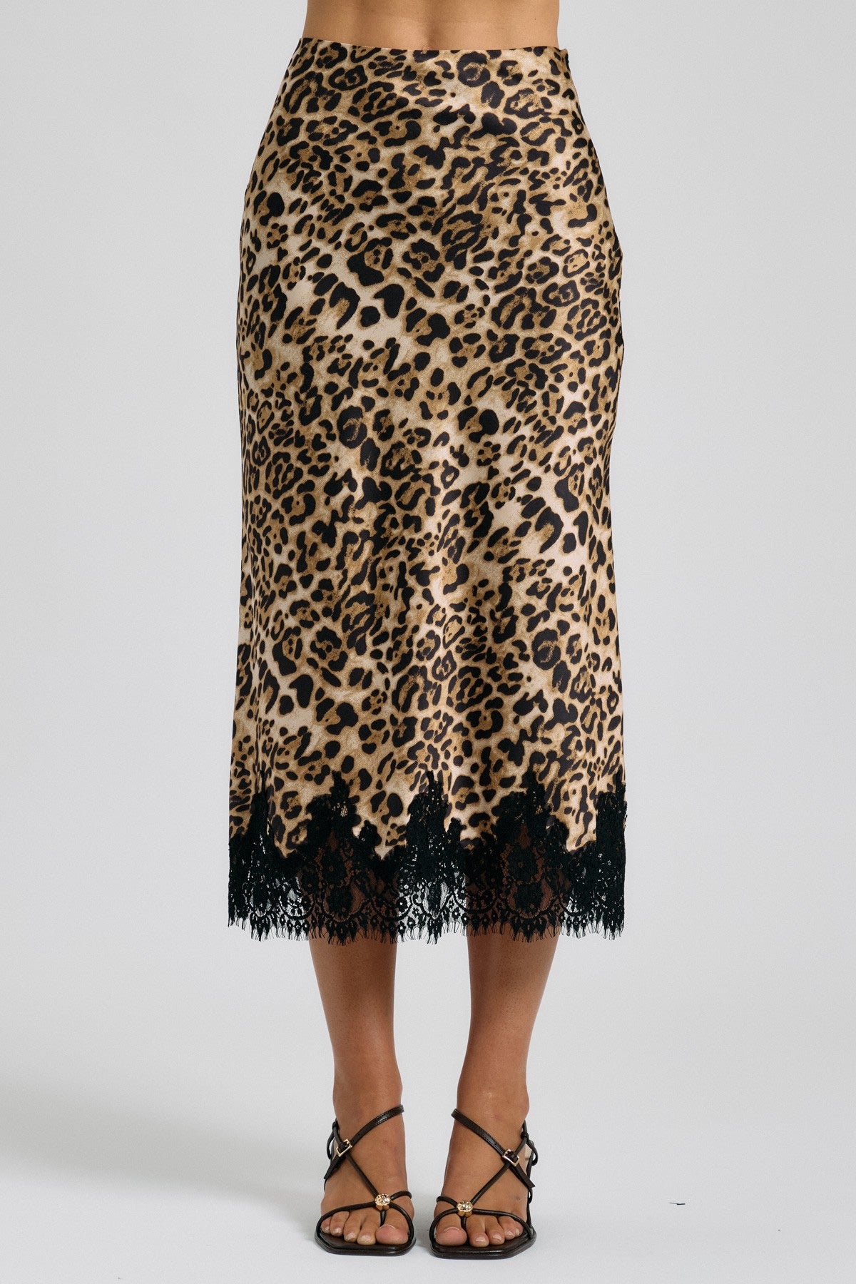 AAKAA - Leopard Bias Midi Skirt With Eyelash Lace Hem