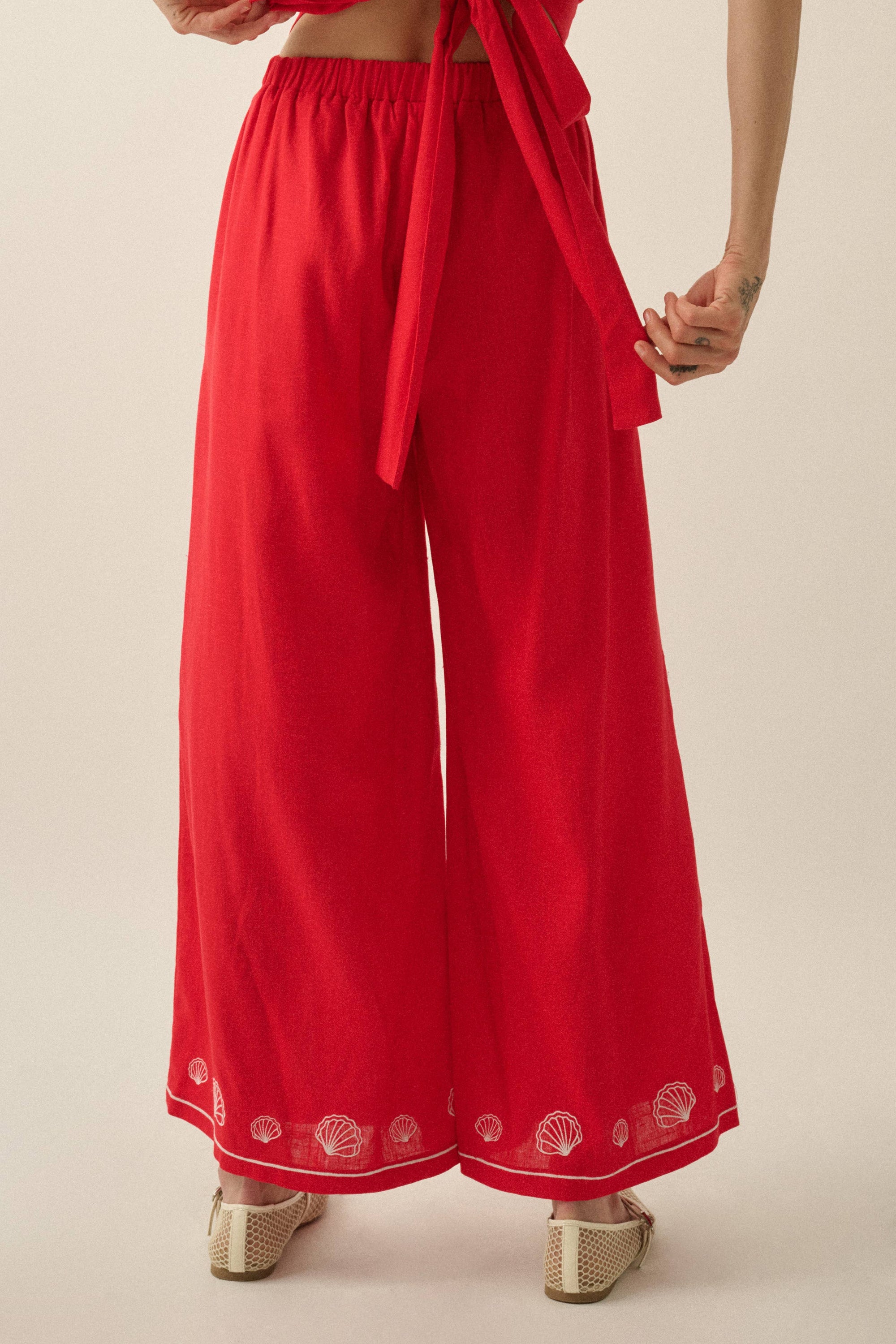 Promesa USA -For Shore Shell-Embroidered Wide-Leg Pocket Pants