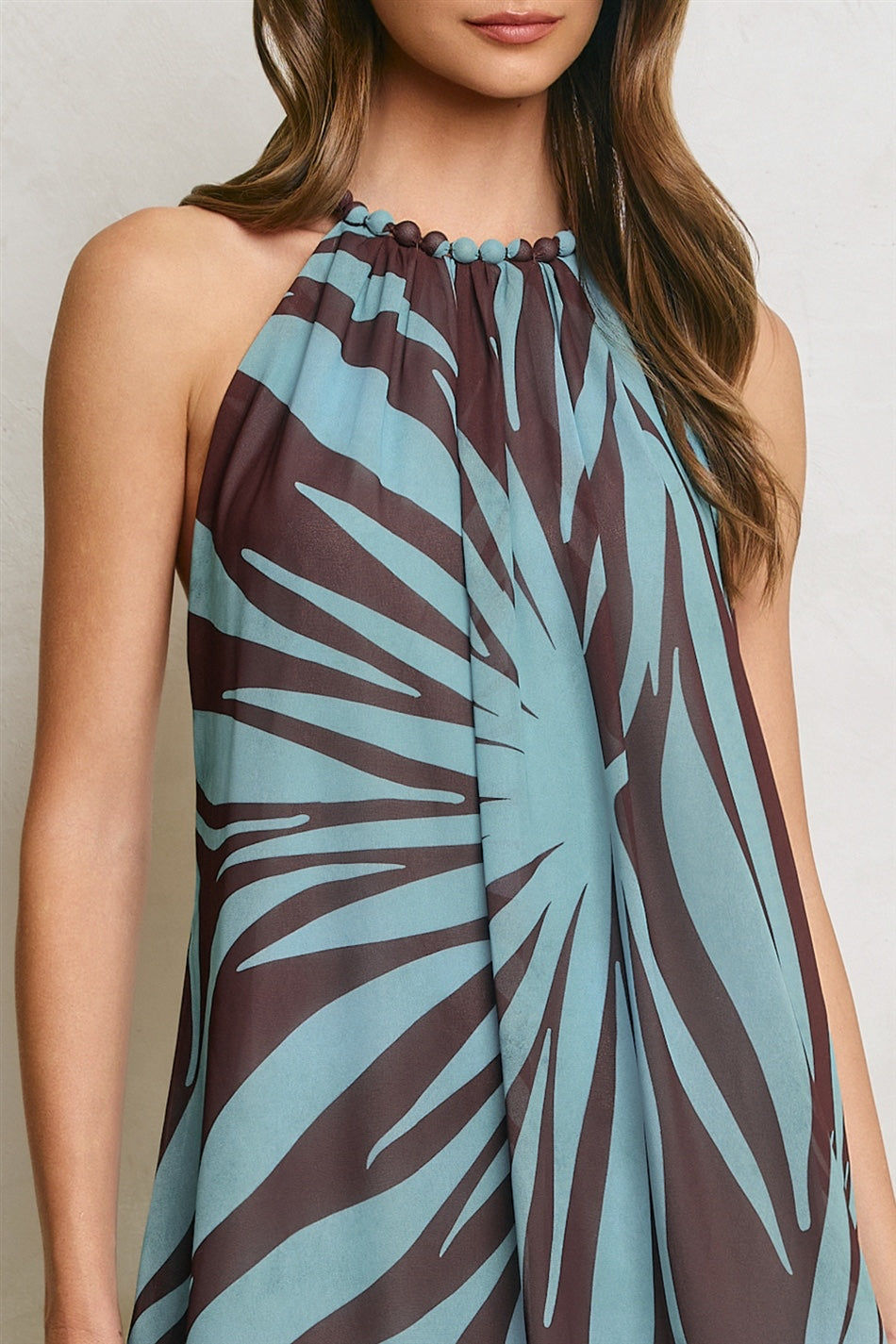 Dress Forum - Tropical Leaf Beaded Halter Fluid Dress