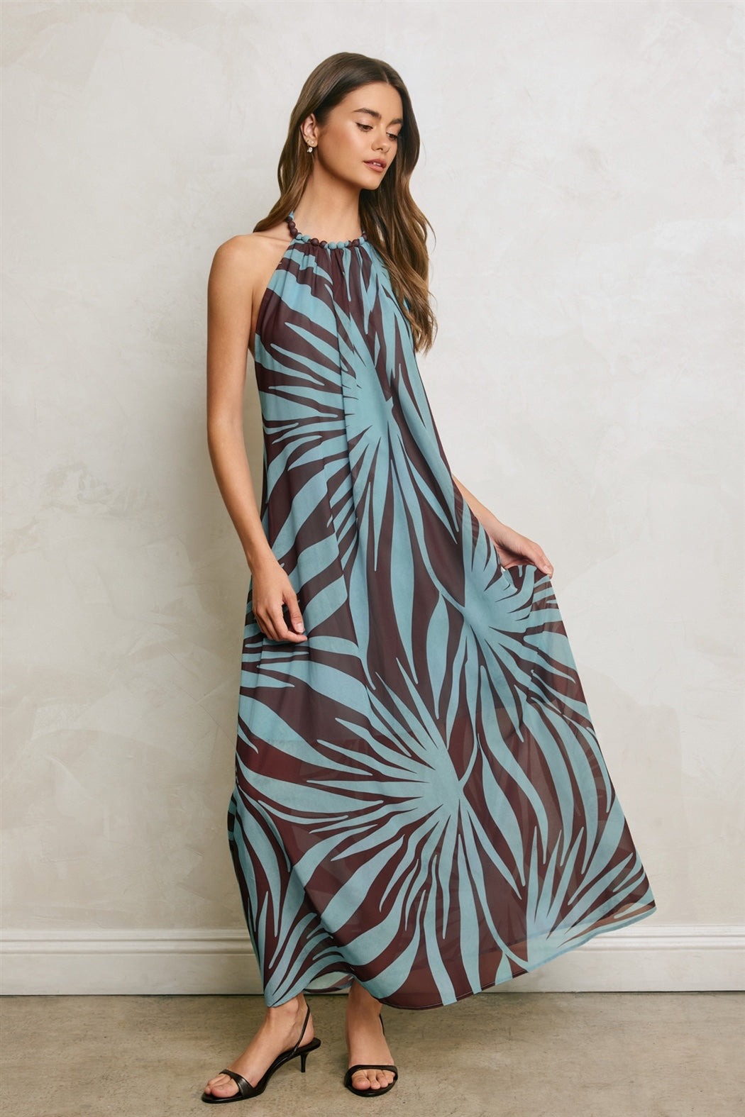 Dress Forum - Tropical Leaf Beaded Halter Fluid Dress