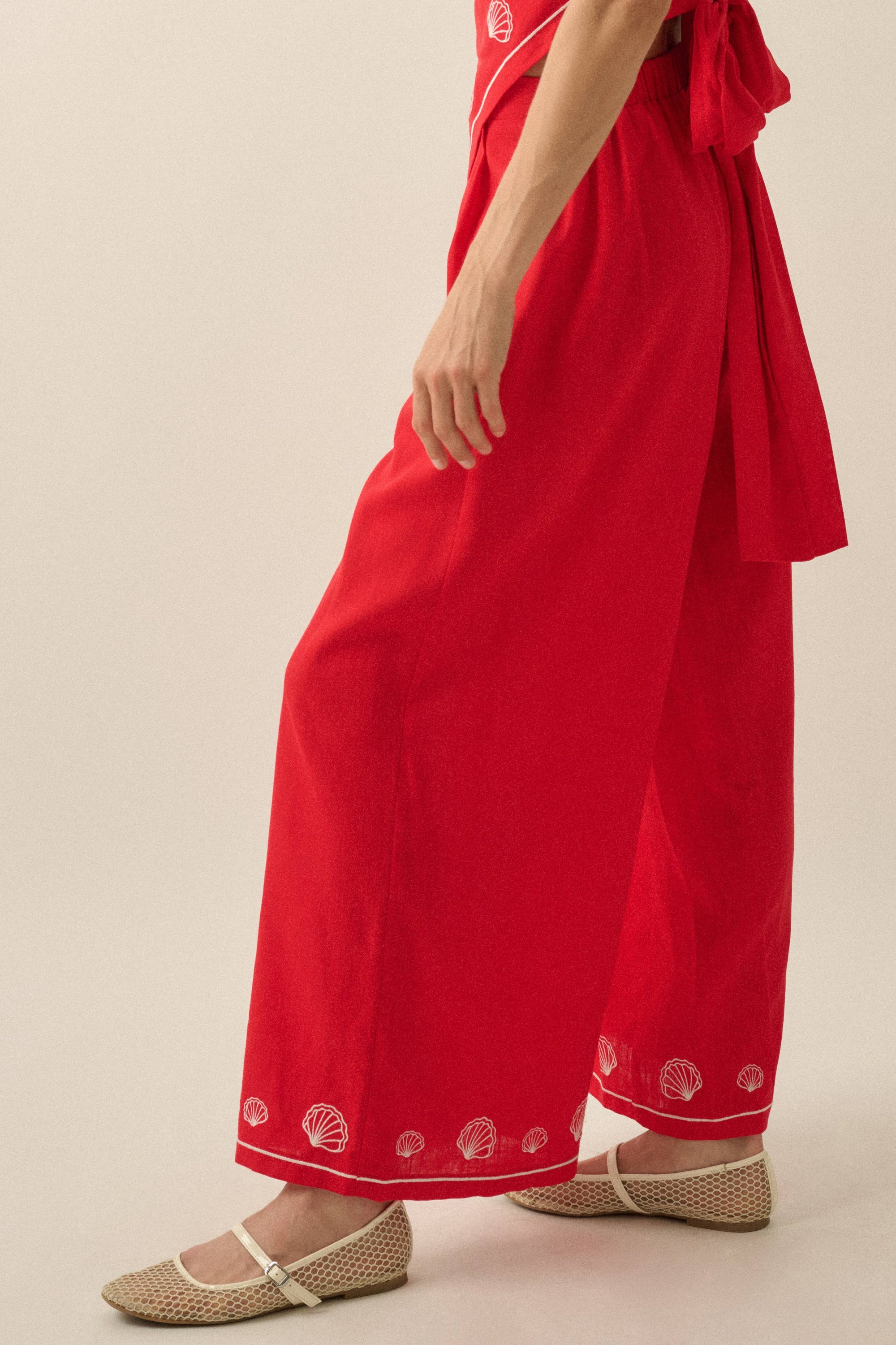 Promesa USA -For Shore Shell-Embroidered Wide-Leg Pocket Pants
